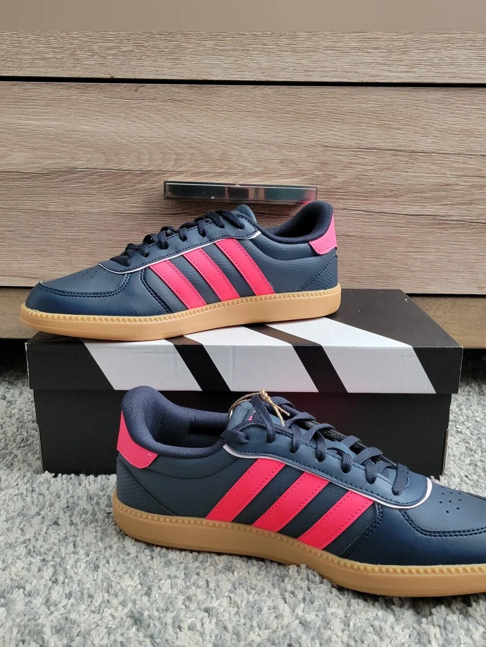 Adidas Navy Blue Sneakers with Pink Stripes and Gum Sole Size:7